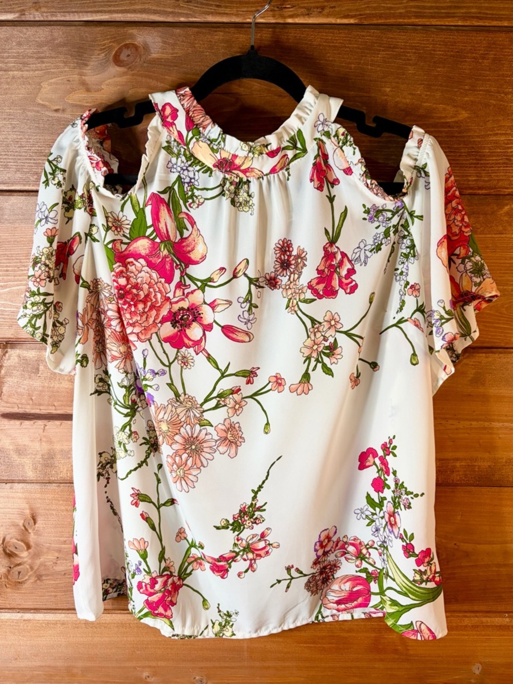 Monteau White Cold-Shoulder Blouse with Pink Floral Print XL
